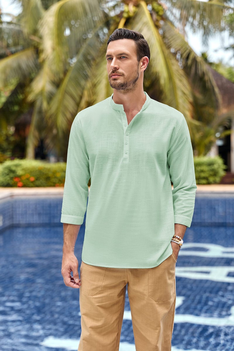 Karlywindow Mens Linen Henley Shirts Long Sleeve Hippie Yoga Summer Beach Casual Henleys T-Shirt Light Green - Image 2